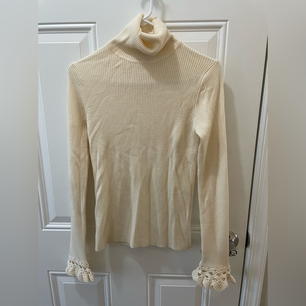 SEA Ribbed Wool Blend Turtleneck With Crochet Flared Sleeve In White (Size L)
